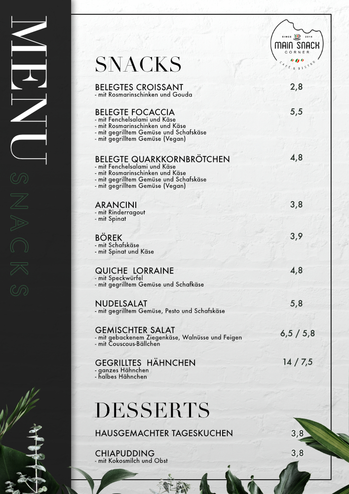 Speisekarte Main Snack Corner Café & Bistro Frankfurt am Main EZB